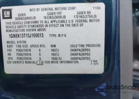 2005 Chevrolet Tahoe Ls z USA, uszkodzony, nr VIN 1GNEK13T15J169013
